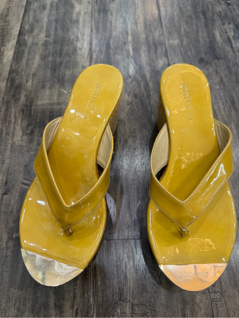 Jimmy Choo Mustard Patent Leather Thong Wedge Sandals